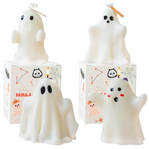 MOMAHUA 4 Candele Profumate Halloween con Cera di Soia Naturale,4 Disegno Fantasma,20-28 Ore di Durata,per Aromaterapia e Halloween Decorazione,Idea Regalo per Lei e Amici