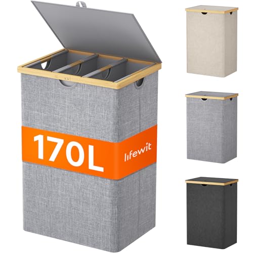 Lifewit 170L Bambus Wäschekorb mit Deckel, Faltbar Wäschesammler 3 Fächer Wäschesortierer mit Abnehmbarem Wäschesack Bambus Griffen Wäschebox...
