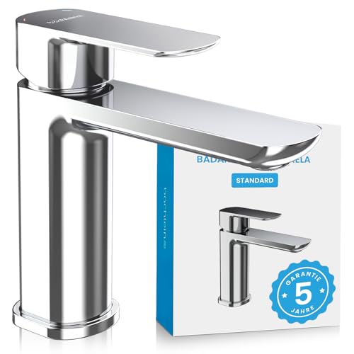 Bächlein Badarmatur Mizarela in klassischem Design, Einhebelmischer mit langlebiger Keramikkartusche und Montage-Set, Bad Wasserhahn Chrom - flacher Auslauf