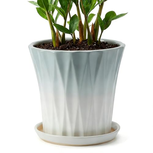 TOSELBAI 10 Inch Ceramic pots for Plants with Saucer Drainage Leak-Proof Mesh, Round Plant Pot with Gardening Gloves for Indoor Outdoor Plants (Rippled Grey)