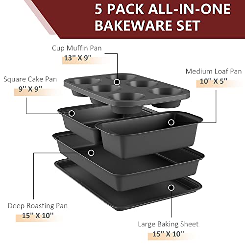 Linklife 5-Piece Stackable Baking Pans Set, Nonstick Steel Bakeware Set, Cookie Sheet, Square Cake Pan, Muffin Tins, Loaf Box, Deep Toaster Oven Tray For New Home Kitchen Supplies #TOP1