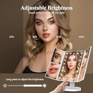 HUONUL Makeup Mirror Vanity Mirror with Lights, 2X, 3X, 10X Magnification, Touch Control, Trifold, White, 9.4"L x 13.4"W, Modern Style, Dresser Mount, Bathroom HUONUL Makeup Mirror Vanity Mirror with Lights 2X 3X 10X Magnification Touch Control Trifold White 94L x 134W Modern Style Dresser Mount Bathroom