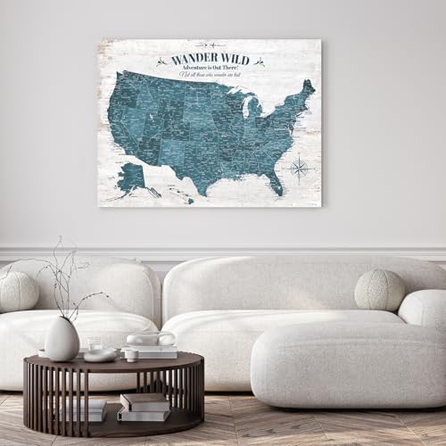Image of IPIC - Antique Blue USA Travel Map, Pin Board Canvas Wall Art, Travel Map with Pins Included, Ready to Hang for Home or Office, 40x30 Inch