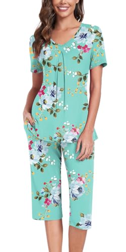 Anyally Women's Summer Capri Pajama Set Short Sleeve Shirt and Pajama Pants 2 Piece Ladies Pjs Sets2