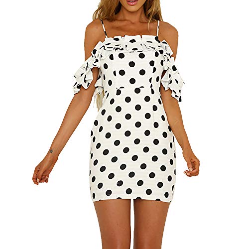 Sunnywill Women Dress, Women Fashion Plus Size Dot Slash Neck Ruffles Sleeveless Camis Loose Dress Womens Casual Slim Fit Nice Clothes Wedding Dress White