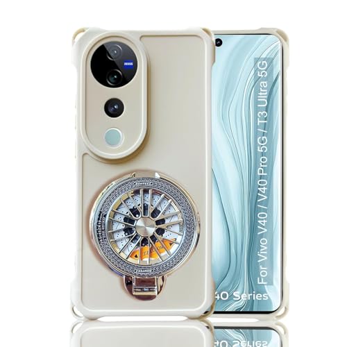Image of KC Back Cover for Vivo V40 5G / V40 Pro 5G - 3D Four Corner Shockproof Silver Spinning Wheel Kickstand Holder Soft Silicone with Camera Protection (White)