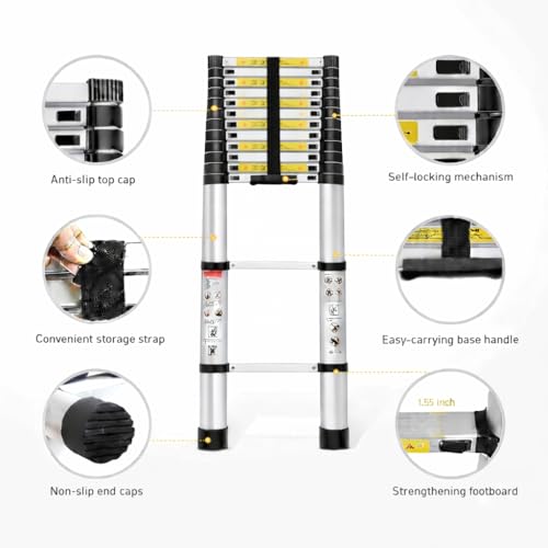 Image of BonKaso VertiPro 4.4M(14.5Ft) Telescopic Ladder | Aluminum Ladder 15 Steps | Multipurpose for Home & Outdoor use with Self Lock Mechanism | EN131 Certified | Max Load Capacity of 150kg