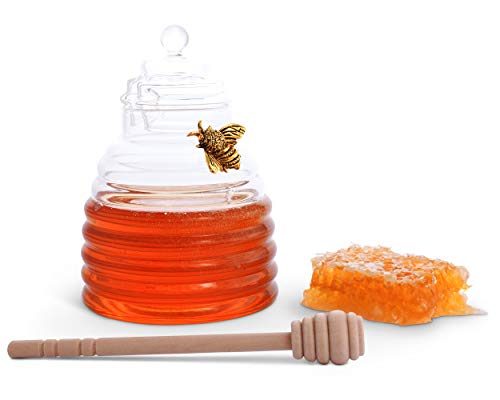 Arthur Court Bee Honey Jar and Dipper Set - Beehive Honey Dispenser for Store Honey and Syrup - Wooden Honey Dipper, Great as Honey Spoon and Syrup Dispenser - Gold Pewter5.5 inch Tall 12 Oz