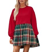 BLENCOT Womens Fall Dresses Plaid Patchwork Babydoll Long Sleeve Dress | Empire Waist Mini Dresse...