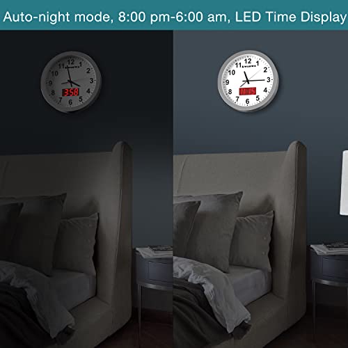 Wall Clock, 12" Metal Quartz Led Wall Clock, 1.4'' Light Sensor Auto Digital Led Time Display Or Temperature, Adjustable Brightness, Battery Operated, Non Ticking Silent Quiet Sweep Second Hand #TOP3