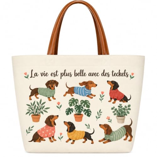 FHKSUCGWL Teckel Tote Bag, Cadeau Teckel Femme, Cabas à Anses en Cuir | Sac en toile aux chiens en pulls colorés, pratique comme sac de courses, cadeaux de noël originaux