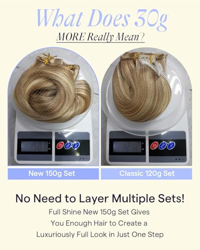 Image of Full Shine Blonde Highlight Clip in Hair Extensions, Real Human Hair | Straight Hair for Added Volume, 22 Inch 150g 7Pcs, Office to Weekend Looks, Medium to Thick Hair