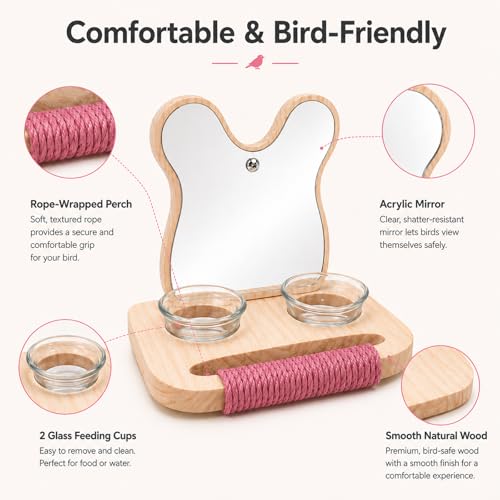 Image of Bird Mirror with Perch and Feeder, Wooden Birds Toys Bird Cage Accessories for Parrots to Expend Energy, Interactive Toys for Greys Amazons Parakeet Cockatiel Conure Lovebirds Finch Canaries