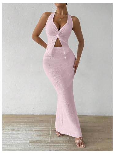 Image of SOLY HUX Women's Two Piece Outfits Twist Front Halter Cami Tops and Skirt Summer Set