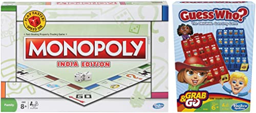Image of MONOPOLY India Edition Board Game & Puzzles, Ages 8 and Up & Hasbro Gaming Guess Who? Grab and Go Portable 2 Player Game, Ages 6 and Up, Multicolour