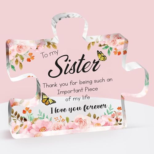 Image of VELENTI Gifts for Mothers Day - Sister Engraved Acrylic Puzzle Piece with Heartfelt Message - Perfect Sister Birthday, Thanksgiving, Paperweights - Cute Decoration for Home, Office