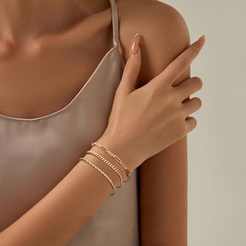 LOLIAS 5 Pcs Bracelet for Women Gold Silver Stainless Steel Stacking Bracelets Rope Cuban Figaro Bead Chain Gold Silver Bracelets Link Charm Bracelets Set Jewellery for Women - Image 4