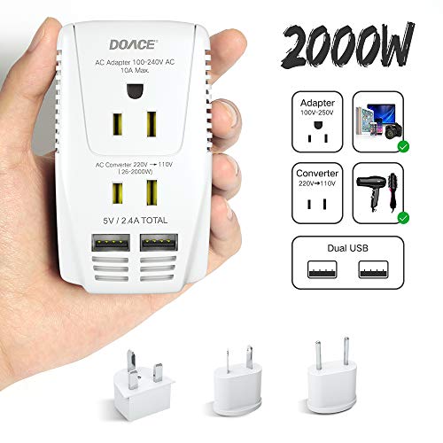 Upgraded DOACE C11 2000W Travel Voltage Converter for Hair Dryer Straightener Curling Iron, Step Down 220V to 110V, 10A Power Adapter with 2 USB and EU/UK/AU/US Plugs for Laptop Camera Cell Phone