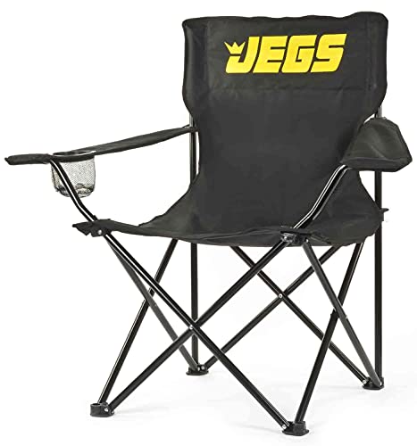 JEGS Folding Chair | Black Canvas With JEGS Logo | Black Powder Coated Frame | Capacity 250 LBS | Total Height 36” | Includes Mesh Cup Holder And Storage Bag With Strap