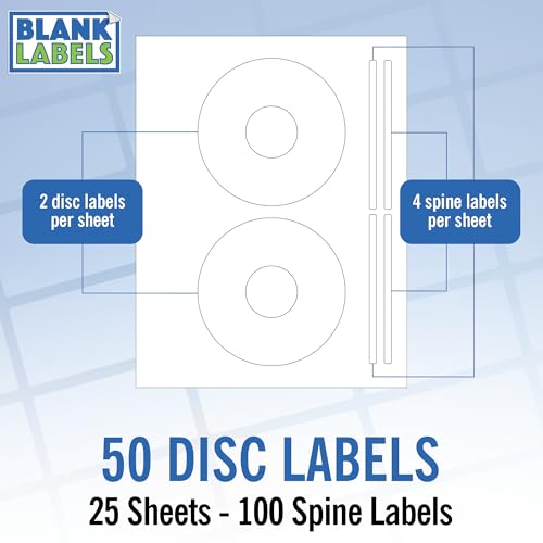 Image of CD /DVD Label Full Face | Qty 50 Disc, 100 Spine | 25 Sheets Total | Permanent White Matte | Compatible with Inkjet and Laser Printer | Blank Labels