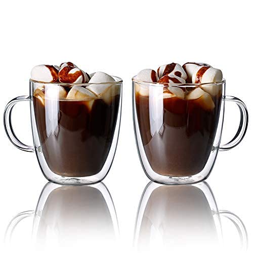 CNGLASS Double Wall Glass Coffee Mugs 12 oz,Insulated Glass Coffee Cups with Handle,Clear Espresso Mugs for Cappuccino,Latte,Tea Bags,Hot and Cold Beverages,Set of 2