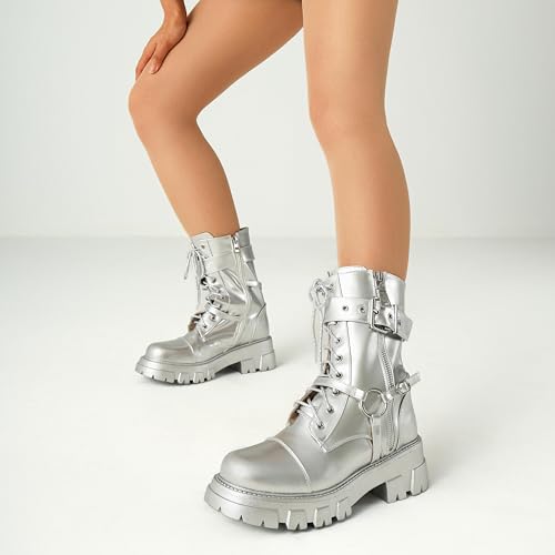 Image of Women Harness Motorcycle Biker Boots Steampunk Combat Boots Chunky Mid Calf Goth Boots Lug Sole Lace up Side Zipper