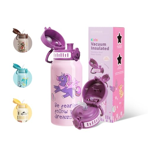 UZSPACE Botella de acero inoxidable para niños, 550 ml, con 2 tapas diferentes, a prueba de fugas, manejo con una sola mano, botella aislada con pajita para escuela, guardería, deportes, color lila