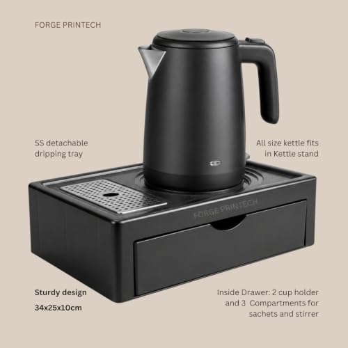 Image of FP Premium Hospitality Kettle Tray with Drawer, Multi Compartment Tea Stand, Black ABS Plastic, Compact design 13.5 x 10 inches, Hotel Room Organizer (1 set)