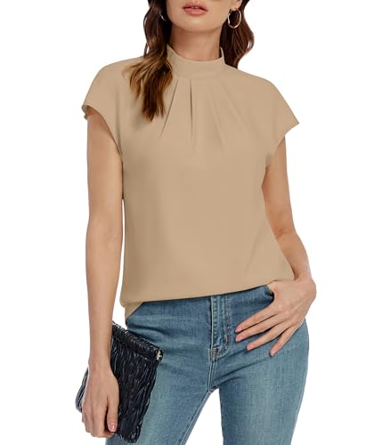 Image of Funlingo Womens Summer Tops Mock Neck Short Cap Sleeve Blouses Business Casual Work Chiffon Shirts Front Pleated Tunic Top