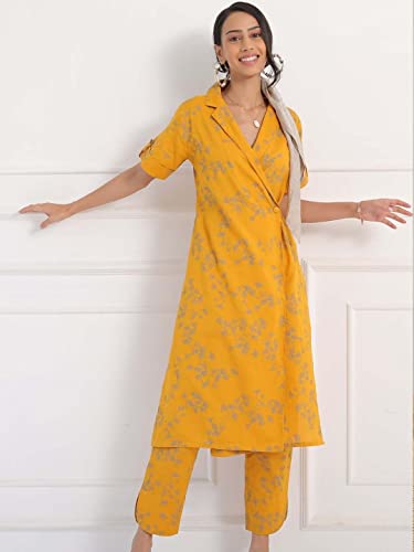 Image of SAAKI Womens Pure Cotton Regular Fit Autumn Overlap Kurta Set (Yellow)