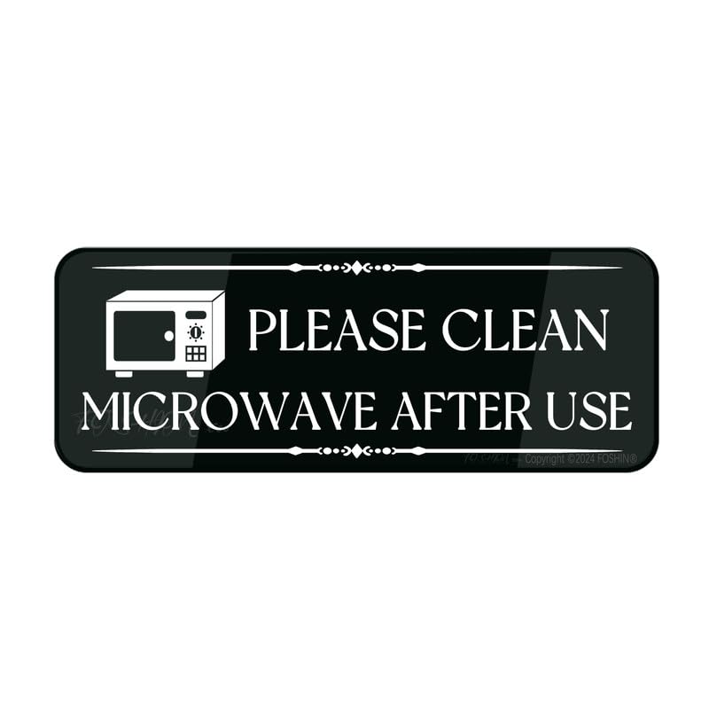 FOSHINAcrylic Plastic Sign Fancy Please Clean Microwave After Use Vector Sign Kitchen Signs 10 X 3 Inch With Symbols Self-Adhesive For Restaurant Salons Hotel Motel Rest Stops Public Restrooms
