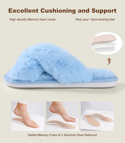 Image of Ankis Women's Fuzzy Slippers Cross Band Memory Foam Open Toe Comfy Soft House Shoes Anti-Slip Indoor Outdoor Gifts for Women