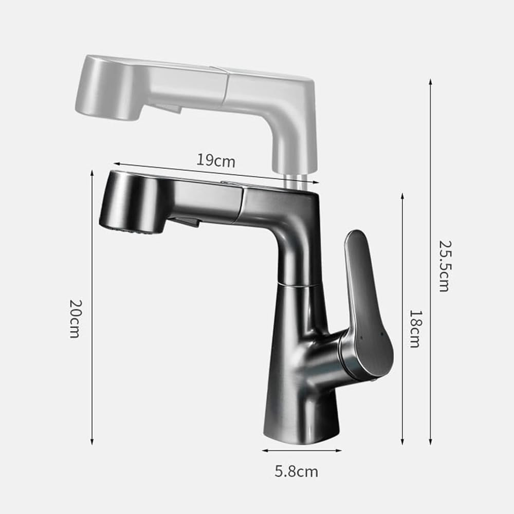 Rubinetto Miscelatore monocomando per lavabo da Bagno con Sistema di Sollevamento e trazione a 360° in Ottone - Bianco (Grigio Canna di Fucile)