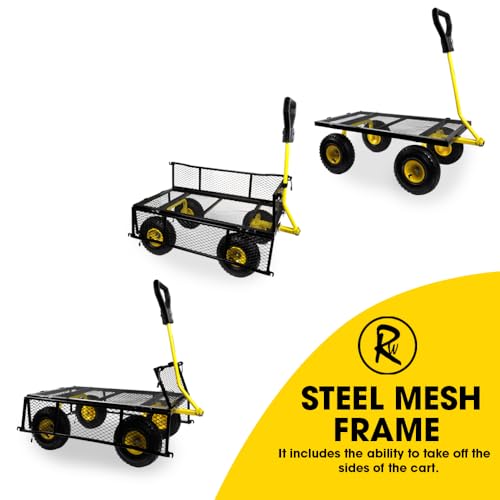 RocwooD Poly Dump Cart Trolley 80L Garden Tipping Wheelbarrow 250kg Utility Truck Trailer Steel Frame Heavy Duty Festival Outdoor Tools Plants 4 Wheels Yellow (RWMGT1)