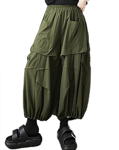 ellazhu Women's Pants Elastic Waist Two Pockets Solid Plus Size Lantern-Shape Wide Leg Casual Fashion Summer GZ561 A4