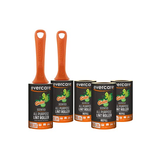 Image of Evercare Gain Scented All-Purpose Lint Roller Value Pack with 2 Lint Rollers and 3 Refill Rolls, 60 Sheets Each