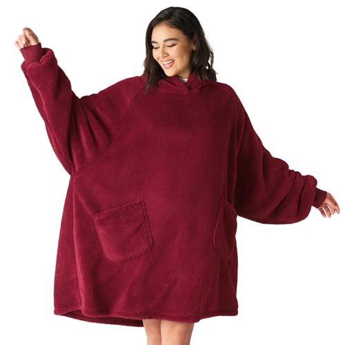 Bedsure Wearable Blanket Hoodie, Christmas Gifts for Girlfriend, Mom, Wife, Women - Cozy Sherpa Hoodie Blanket for Adult Men, Warm Hooded Sweatshirt with Sleeves, Dark Red