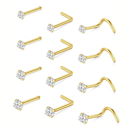 FASHGOOD 12Pcs 20G Stainless Steel Nose Rings Studs Straight Screw L Shaped Nose Piercing Jewelelry 1.5mm 2mm 2.5mm 3mm Diamond CZ Gold Nose Stud