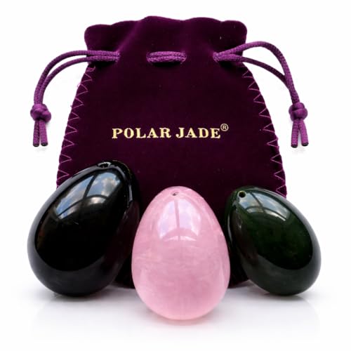 Gemstone Egg Set of 3 – Nephrite Jade, Rose Quartz & Black Obsidian, L/M/S 3-Size, Drilled, Natural Stone Eggs for Wellness Training, Exercises & Self-Care – Polar Jade