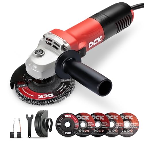 DCK Angle Grinder, 4-1/2-Inch, 6.7Amp Cut off Tool Grinder, 11,800 RPM with 2 Safety Guards, 6-Piece Discs (2 Cutting/2 Grinding/2 Flap Discs), Professional Angle Grinder for Metal, Wood (KSM09-115S) by DCK - Used condition - US$33.30