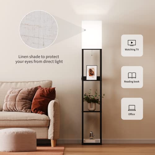 Meisoda Floor Lamp With Shelves, Standing Lamp With 3 Tiers Wooden Display Shelf 2 Usb Ports 1 Power Outlet, 3 Color Temperature Dimmable Led Floor Lamps For Living Room, Bedroom And Office (Black) #TOP5