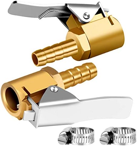 LUMITECO 1/4" Brass tire inflator Lock on air Chuck,Mini air Compressor Portable tire inflator tire Chuck Hose end with Barb Connector for Hose repair-2Pack