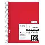 Mead Spiral Notebook, 3 Subject, College Ruled Paper, 120 Sheets, 10-1/2
