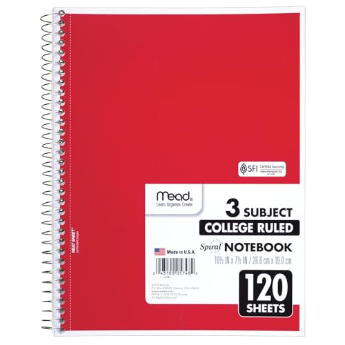 Mead Spiral Notebook, 3 Subject, College Ruled Paper, 120 Sheets, 10-1/2