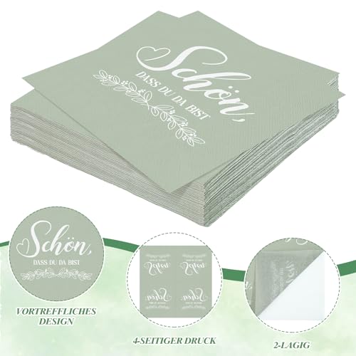 40 Stück Serviette Grün, 6.5 Zoll Servietten Schön Dass Du Da Bist Papierservietten Cocktailservietten für Kommunion Hochzeit Taufe Geburtstag