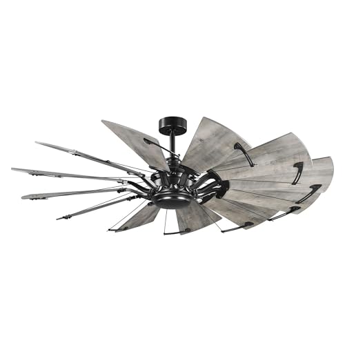 Image of Progress Lighting Springer Collection DC Motor Farmhouse Windmill Ceiling Fan, Matte Black, 12-Blade (60 inch W x 17-3 /8 inch H) P250000-31M