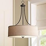 Franklin Iron Works La Pointe Oil Rubbed Bronze Pendant Chandelier Lighting 19 1/2' Wide Farmhouse Rustic Oatmeal Linen Drum Shade Fixture for Dining Room Living House Home Foyer Kitchen Island