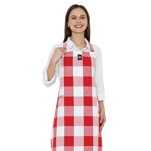 Image of Encasa XO Cotton Cooking kitchen Apron for Women and Men chef apron With adjustable neckstrap, Pocket & Towel Holder for Easy cooking, Baking, BBQ, Gardening- Buffalo Red Checks, 68x85 cm