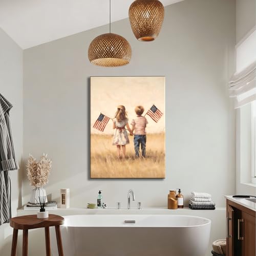Image of Rustic Patriotic Kids Holding American Flags Wall Art, 4th of July Vintage Canvas Art, Independence Day Wall Decor, Small Framed Artwork for Kids Room, Office, Made in USA