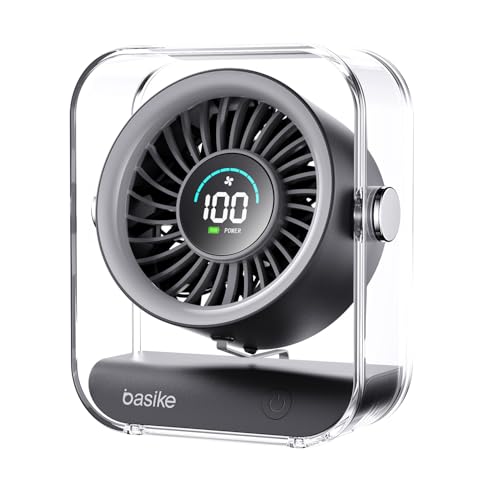 Basike Ventilador de Mesa Mini com Display Digital, 100 Níveis de Velocidade Portátil Bateria 5000mAh de 7h, Anjo Ajustável 60°, Silencioso para Casa, Escritório e Viagens (Preto)